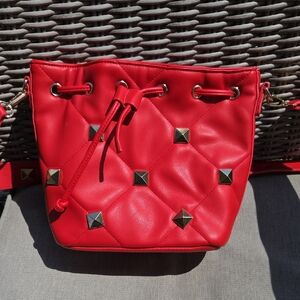 Red Quilted Bucket Bag with Gold Accents